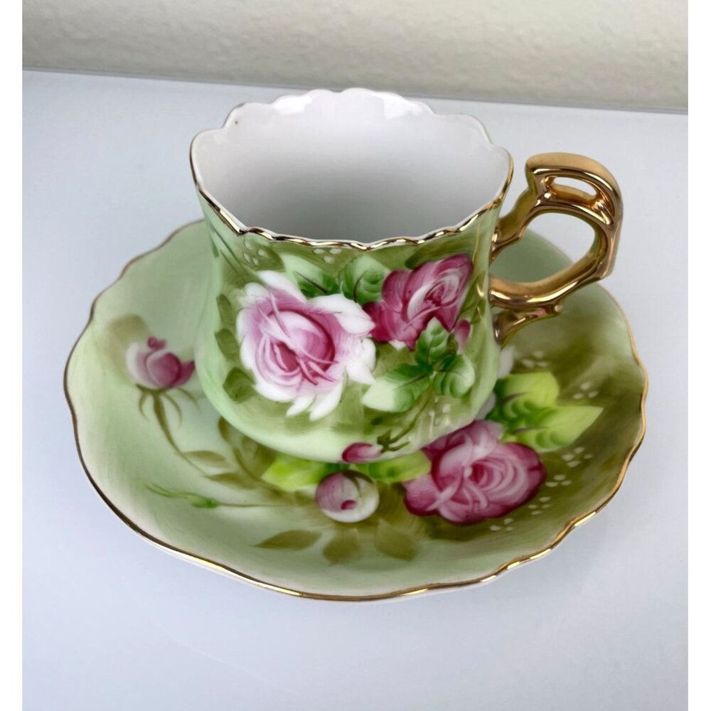 Lefton China Hand Painted Green & Pink Rose Teacup & Saucer Set, Gold Vintage - Picture 16 of 16